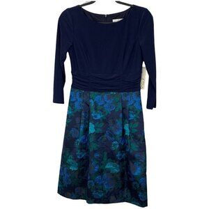 Eliza J Dress Fit and Flare Floral Jacquard Blue Green Size 4 Mixed Media